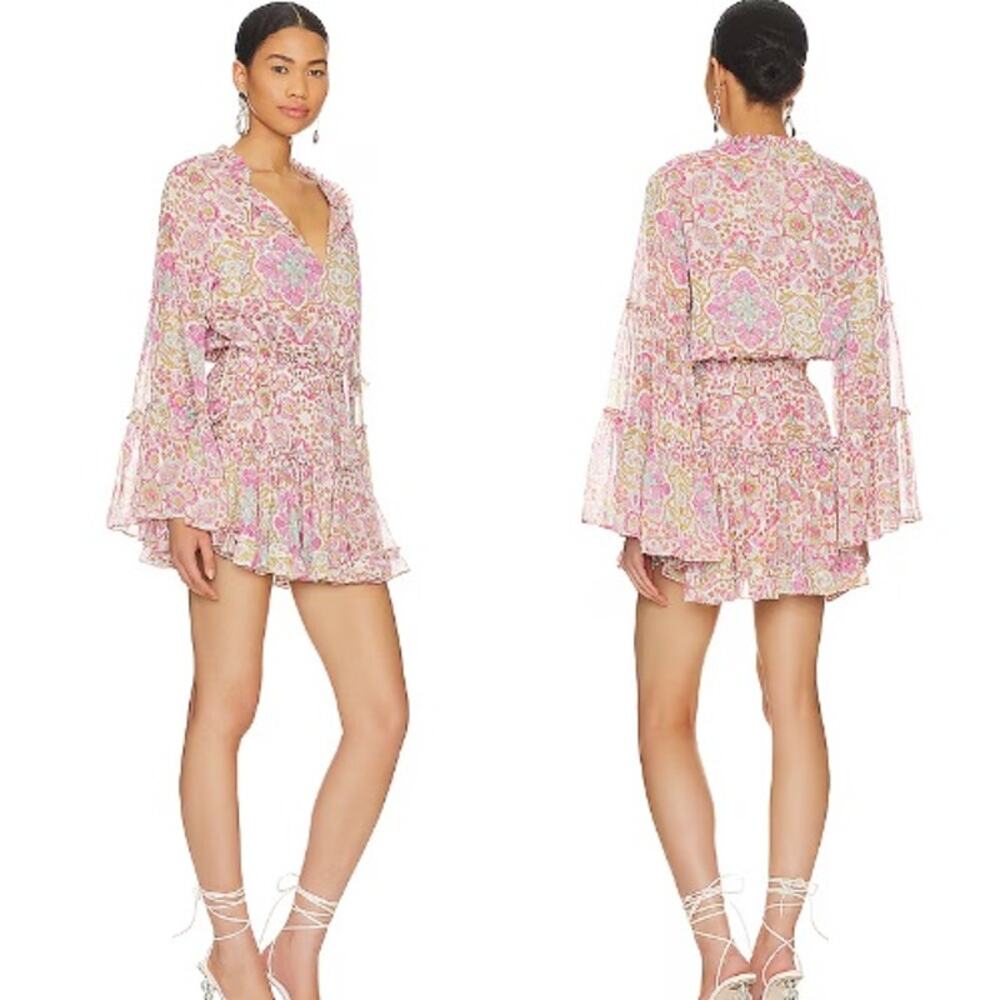 MISA Los Angeles Leeva Floral Smocked Mini Dress Cottagecore Pink Womens Small